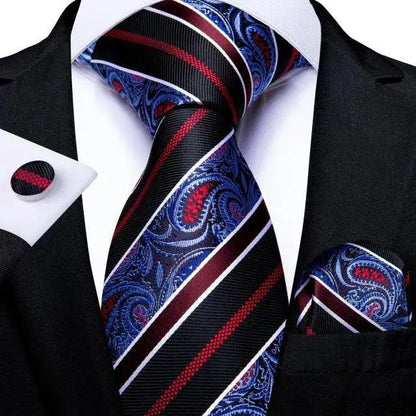 Blue silk tie with paisley and red stripes, matching pocket square in a formal 2-piece set on Tampa Home & Garden Store