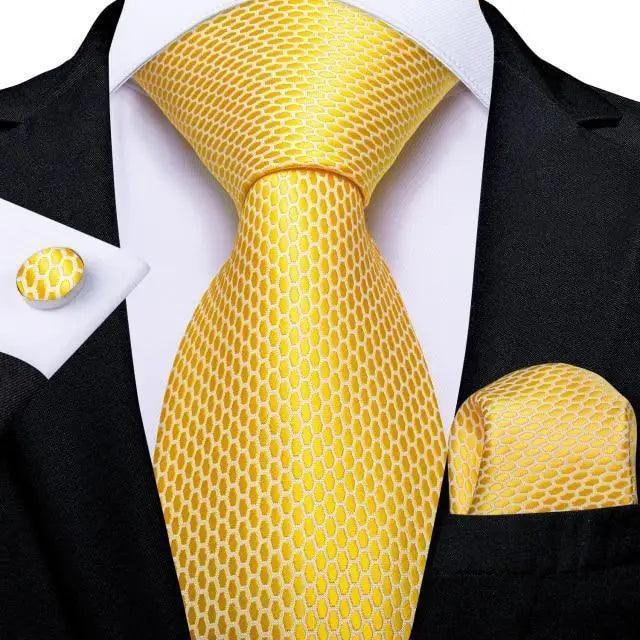 Silk yellow tie with honeycomb pattern and matching pocket square worn with a black suit on Tampa Home & Garden Store