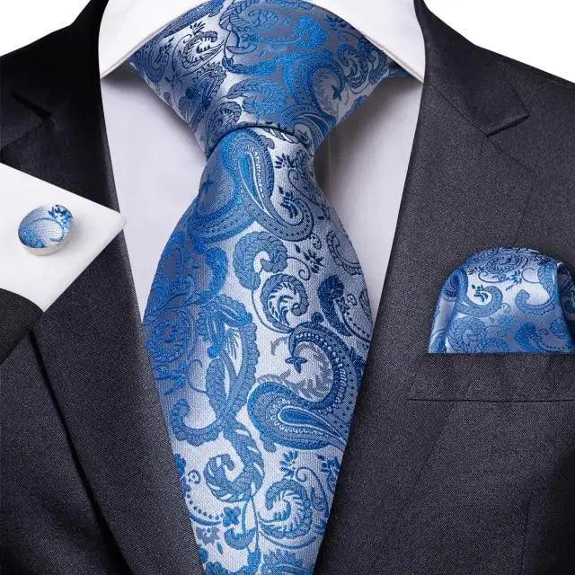 Luxury blue silk paisley wedding tie set with cufflinks and pocket square by Stevvex on Tampa Home & Garden Store