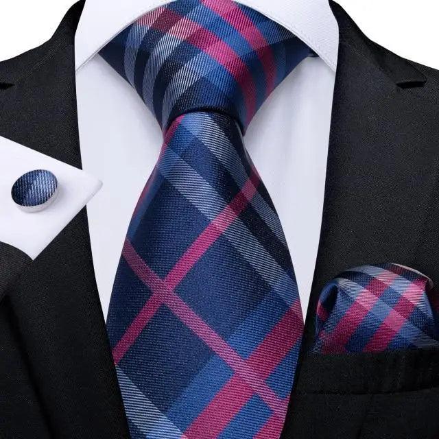 Stevvex blue silk plaid necktie set with pocket square and cufflinks on a white shirt on Tampa Home & Garden Store