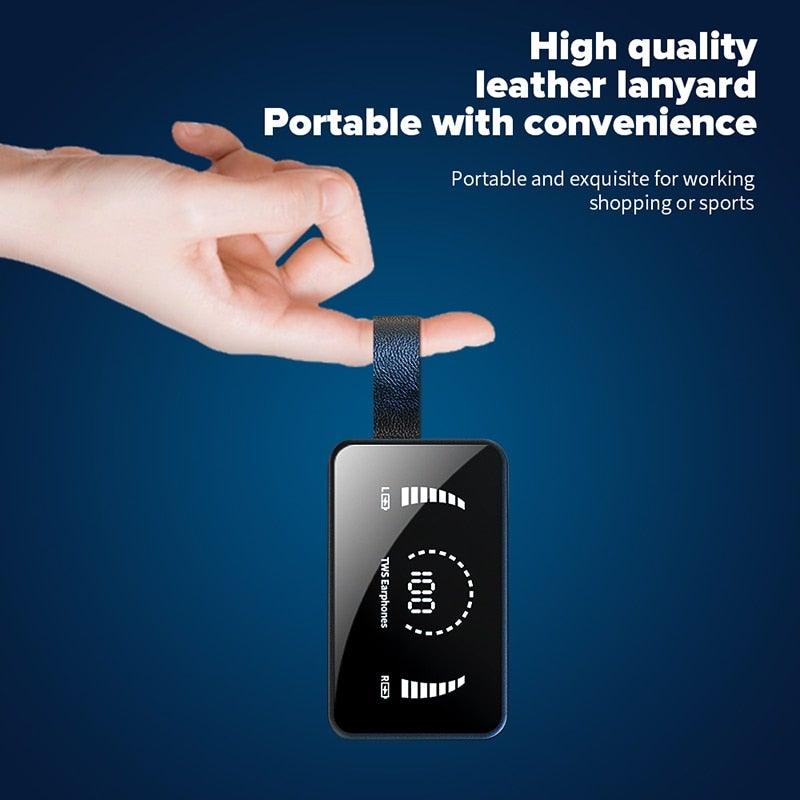 Stevvex wireless in-ear headphones with mic and mirror charging case hanging from black leather lanyard on Tampa Home & Garden Store