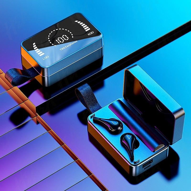 Stevvex in-ear Bluetooth headphones with mic, two-tone mirrored charging case and earbuds on Tampa Home & Garden Store