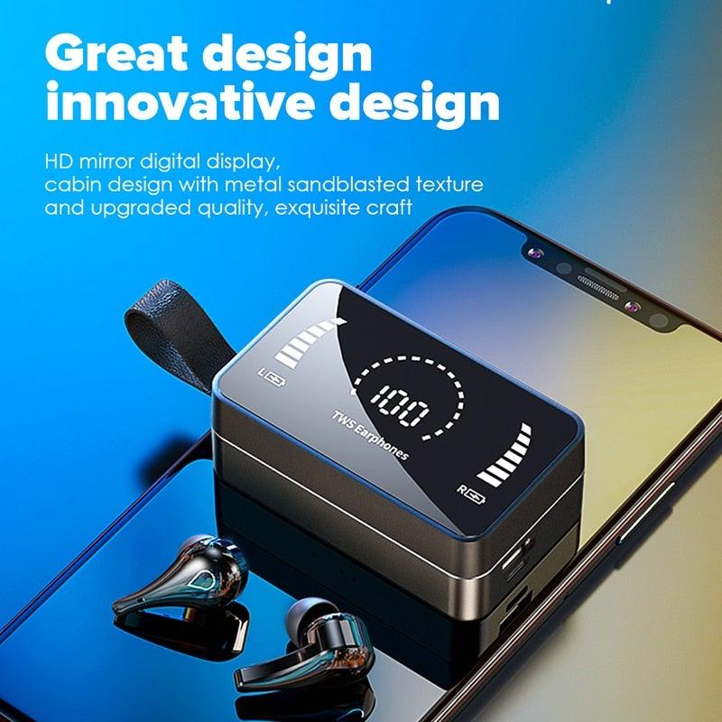 In-ear wireless headphones with mirror charging case and LED display, black earbuds beside a phone on Tampa Home & Garden Store