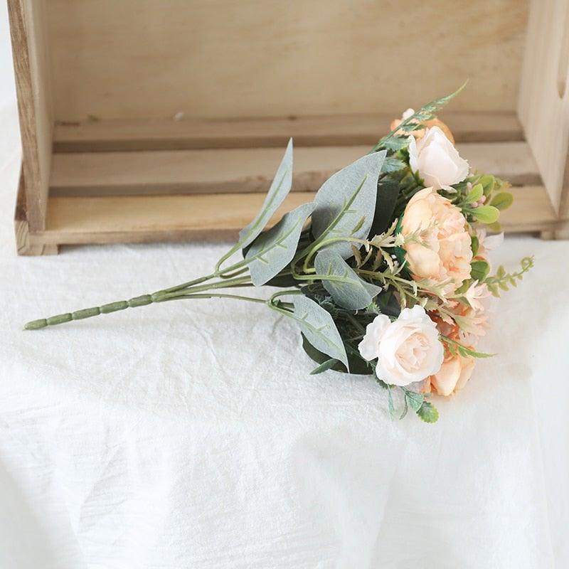 Silk rose bouquet by Stevvex with peach and cream roses and eucalyptus leaves on Tampa Home & Garden Store