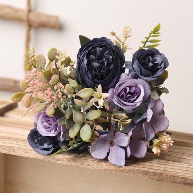 Artificial silk rose bouquet with navy and lavender blooms for wedding and home decor on Tampa Home & Garden Store