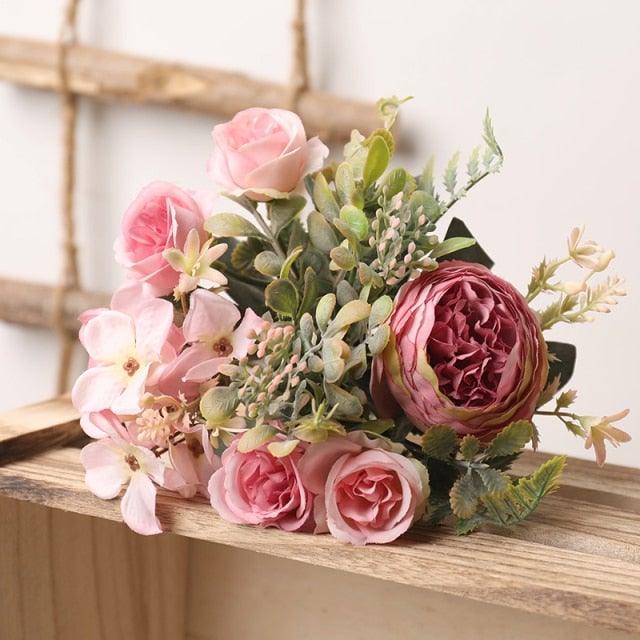 Stevvex artificial silk rose bouquet with pink roses and greenery on Tampa Home & Garden Store