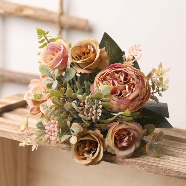 Artificial silk rose bouquet large peach-pink roses with greenery Stevvex ST50DE9846BVD on Tampa Home & Garden Store