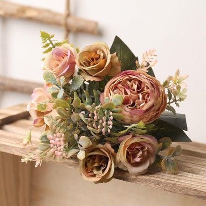 Artificial silk rose bouquet large peach-pink roses with greenery Stevvex ST50DE9846BVD on Tampa Home & Garden Store
