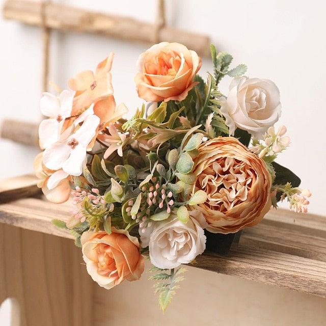Artificial silk rose bouquet in peach, cream, and orange with greenery by Stevvex on Tampa Home & Garden Store