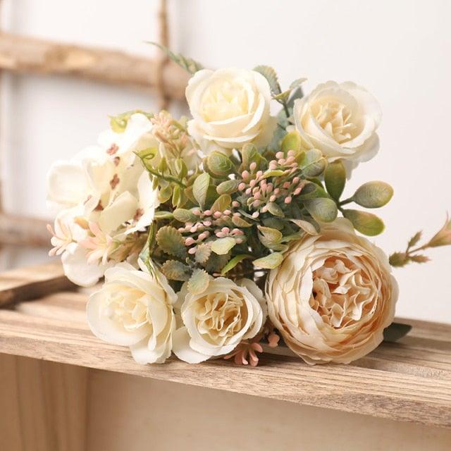 Artificial Silk Roses Bouquet by Stevvex in ivory cream with greenery for wedding decor on Tampa Home & Garden Store
