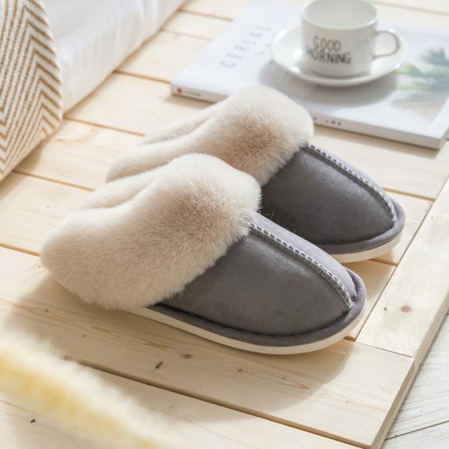 Luxury faux suede fur slippers pair gray with cream plush lining antislip indoor slipon footwear on Tampa Home & Garden Store