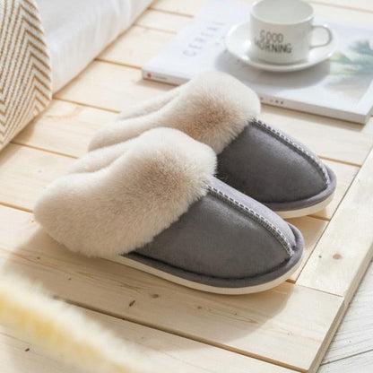 Luxury faux suede fur slippers pair gray with cream plush lining antislip indoor slipon footwear on Tampa Home & Garden Store