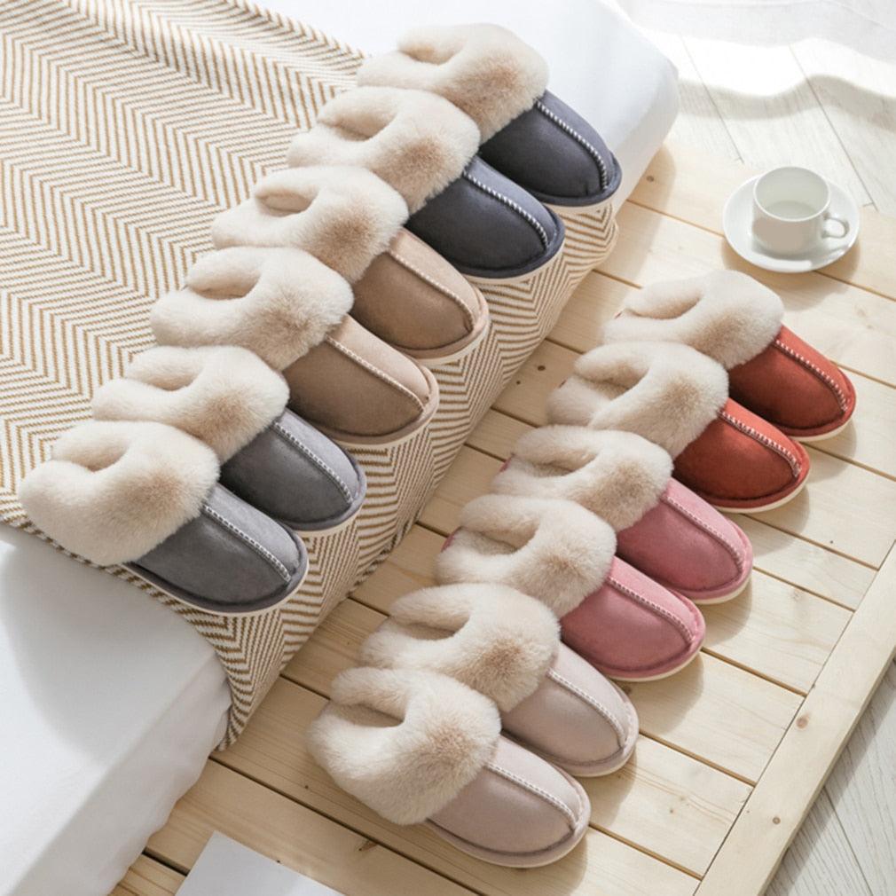 Stevvex women's plush faux suede fur slippers in varied colors with fluffy trim memory foam on Tampa Home & Garden Store