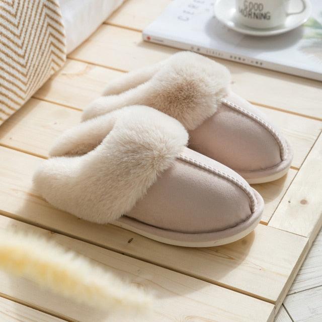 Slippers Stevvex beige faux suede with plush fur lining and memory foam for indoor use anti-slip on Tampa Home & Garden Store