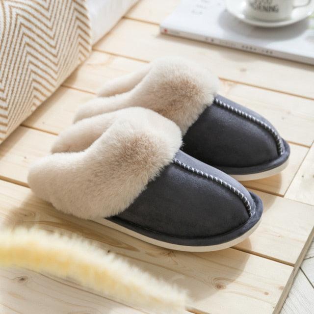 Stevvex navy faux suede fur slippers with plush cream lining, memory foam, anti-slip pair on Tampa Home & Garden Store