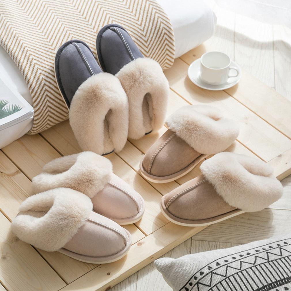 Stevvex women's faux suede fur slippers with plush beige lining, memory foam, slip-on, anti-slip on Tampa Home & Garden Store