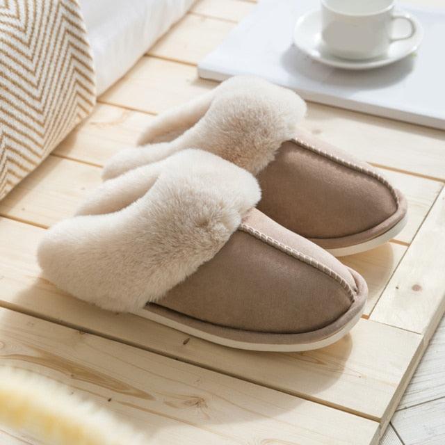 Stevvex beige faux suede fur slippers with plush lining memory foam non-slip house shoes on Tampa Home & Garden Store