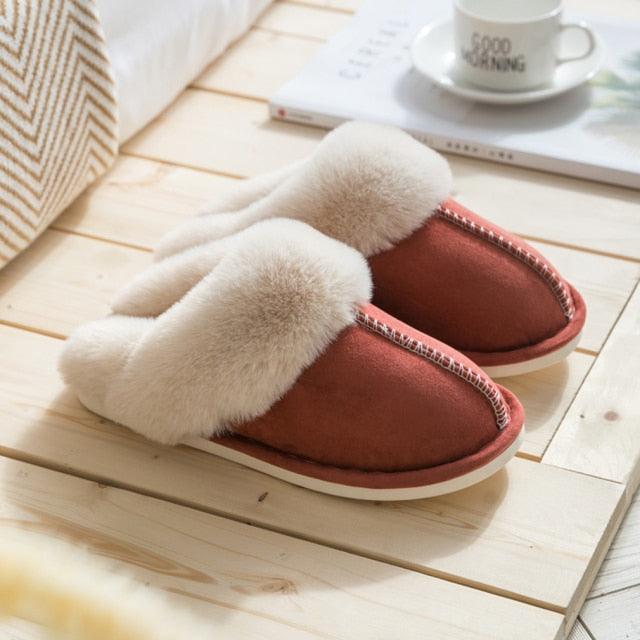Faux suede slippers Stevvex red-brown pair with cream plush lining on Tampa Home & Garden Store