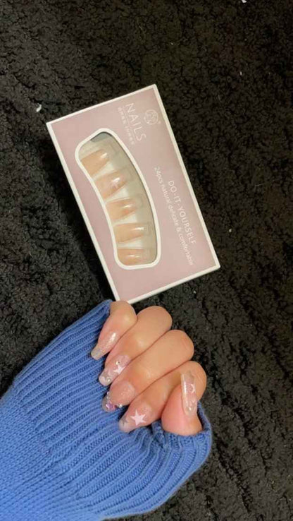 Shaketea Luxury Full Cover Press-On Nails 24-piece set in pale pink with stars on nails on Tampa Home & Garden Store