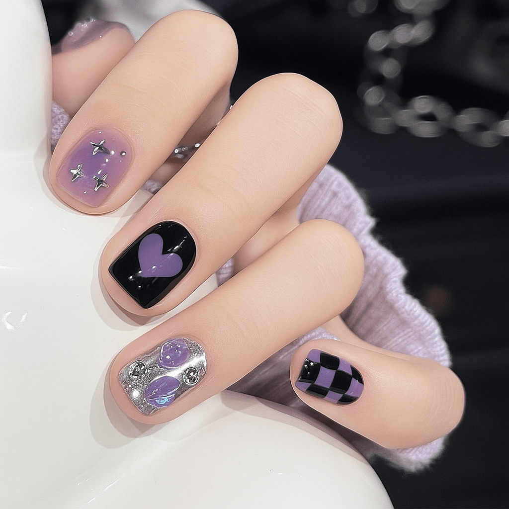 Shaketea full-cover press-on nails 24-piece set with lilac gradient and purple heart on Tampa Home & Garden Store