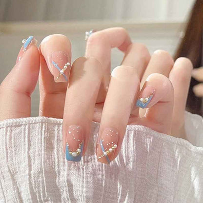 Shaketea Luxury Full Cover Press-On Nails, 24-Piece set with blue tips and crystal accents on Tampa Home & Garden Store