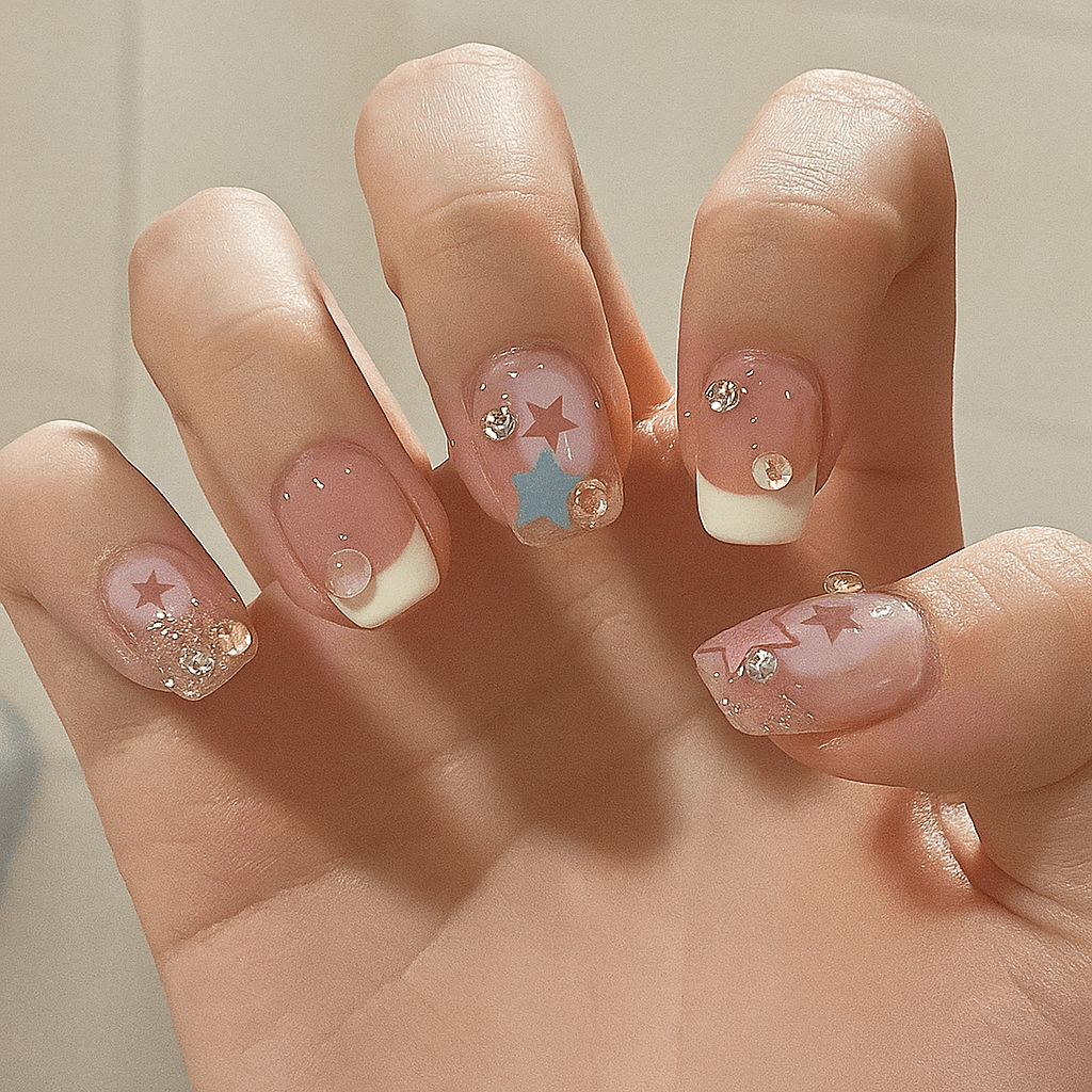 Shaketea full-cover press-on nails, 5 nude French-tip nails with rhinestones on Tampa Home & Garden Store