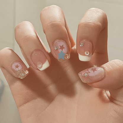 Shaketea full-cover press-on nails, 5 nude French-tip nails with rhinestones on Tampa Home & Garden Store