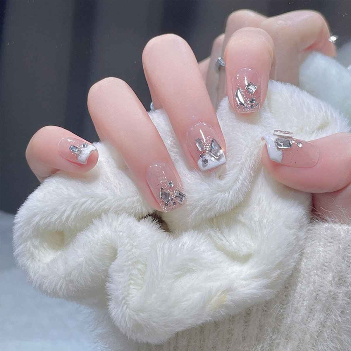 Press-on nails Shaketea Luxury Full Cover 24-Piece Set with clear tips and silver foil accents on Tampa Home & Garden Store