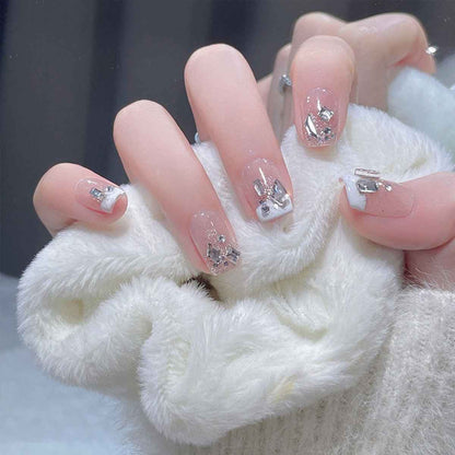 Press-on nails Shaketea Luxury Full Cover 24-Piece Set with clear tips and silver foil accents on Tampa Home & Garden Store