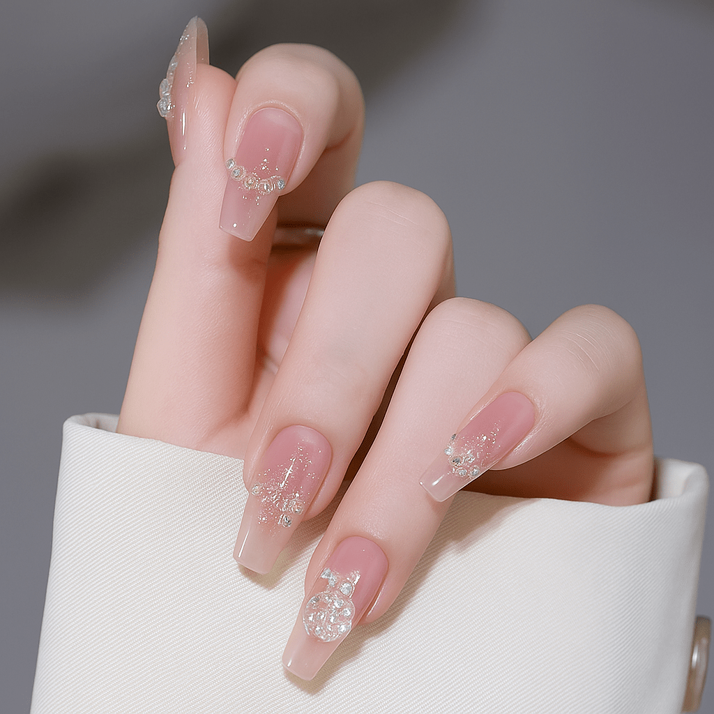 Press-on nails 24-piece set by Shaketea nude pink coffin style with crystal accents on Tampa Home & Garden Store