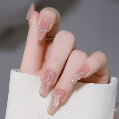 Press-on nails 24-piece set by Shaketea nude pink coffin style with crystal accents on Tampa Home & Garden Store