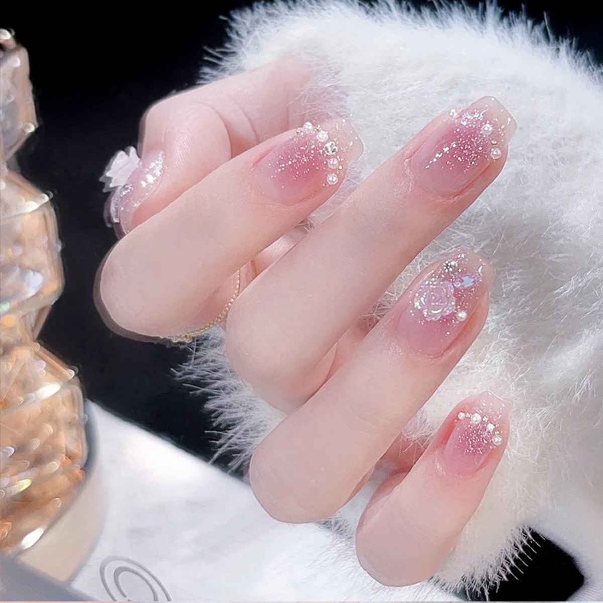 Luxury press-on nails 24-piece set by Shaketea in pink gradient glitter with rhinestones on Tampa Home & Garden Store