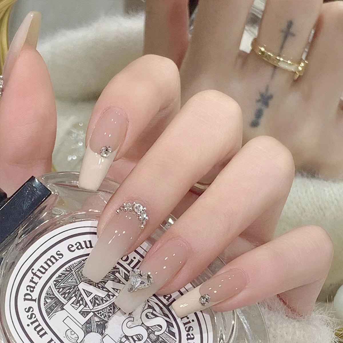 Shaketea luxury full-cover press-on nails, 24-piece nude pink coffin set with rhinestone accents on Tampa Home & Garden Store