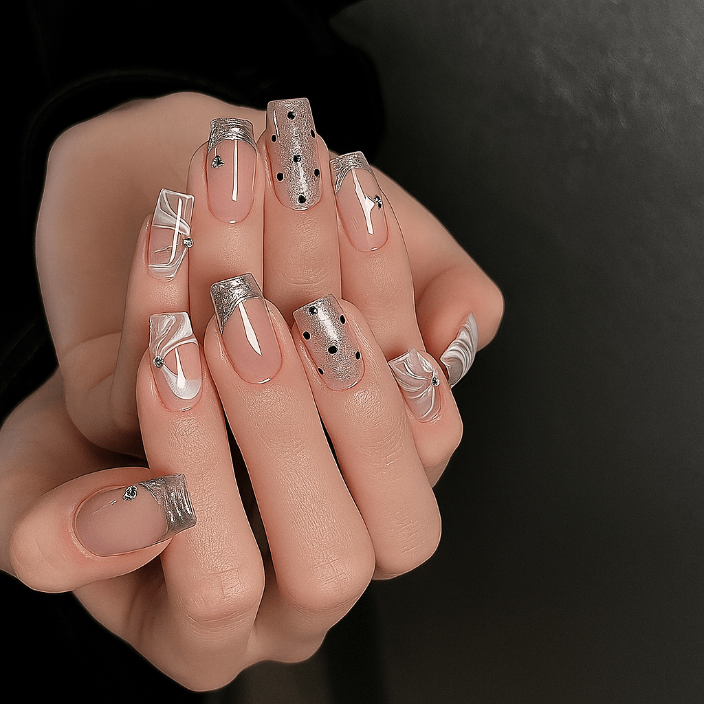 Luxury full cover press-on nails Shaketea, 24-piece false nail set with clear tips and silver foil accents on Tampa Home & Garden Store