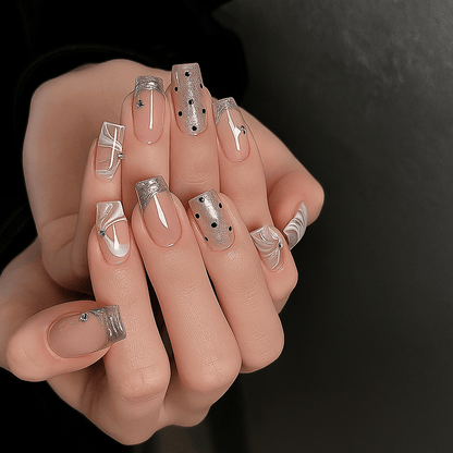 Luxury full cover press-on nails Shaketea, 24-piece false nail set with clear tips and silver foil accents on Tampa Home & Garden Store
