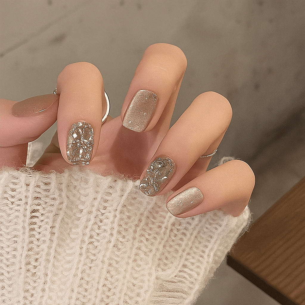 Shaketea luxury full-cover press-on nails, 24-piece set with metallic foil accents on Tampa Home & Garden Store