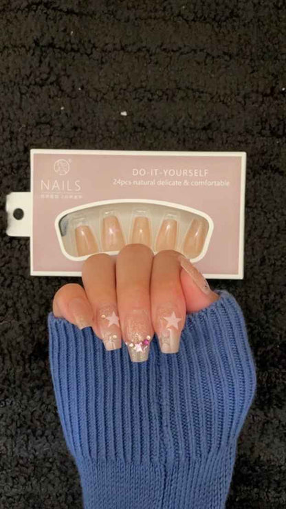 Luxury fullcover press-on nails by Shaketea nude nails with star accents 24-piece false nail set on Tampa Home & Garden Store