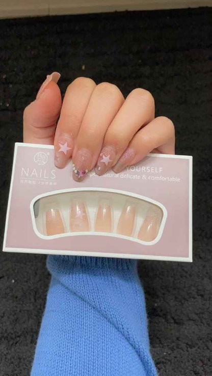 Shaketea Luxury Full Cover Press-On Nails, 24-piece set; nude peach nails with star accents on Tampa Home & Garden Store