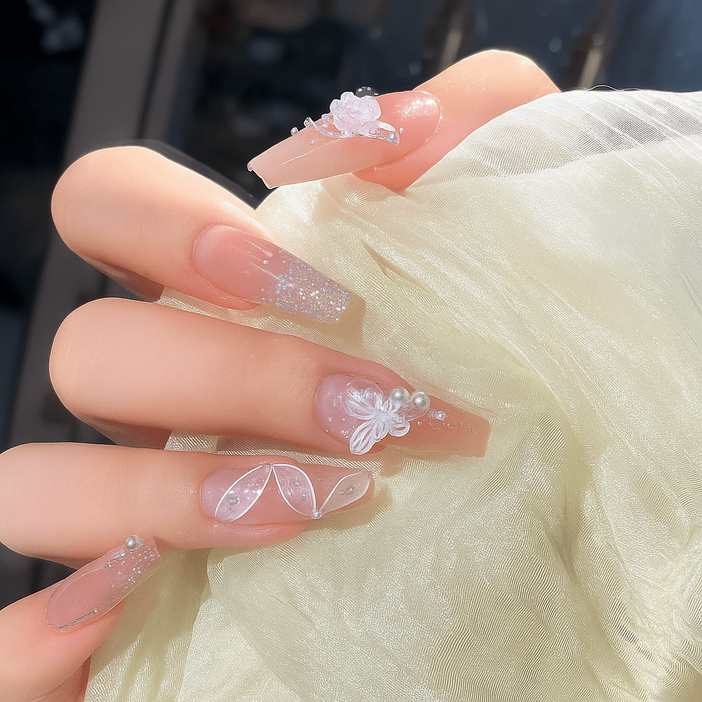 Shaketea luxury full-cover press-on nails with pink nude tips and white florals on Tampa Home & Garden Store