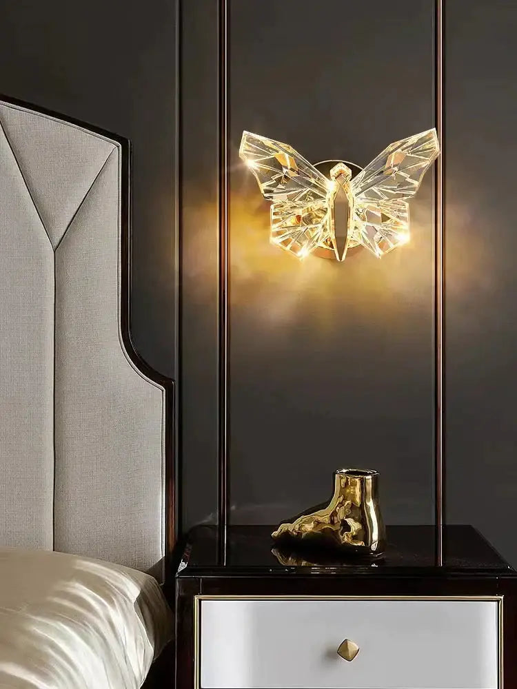 Gold Butterfly Nordic LED Wall Lamp by Decorbites, crystal butterfly wings, warm glow on Tampa Home & Garden Store
