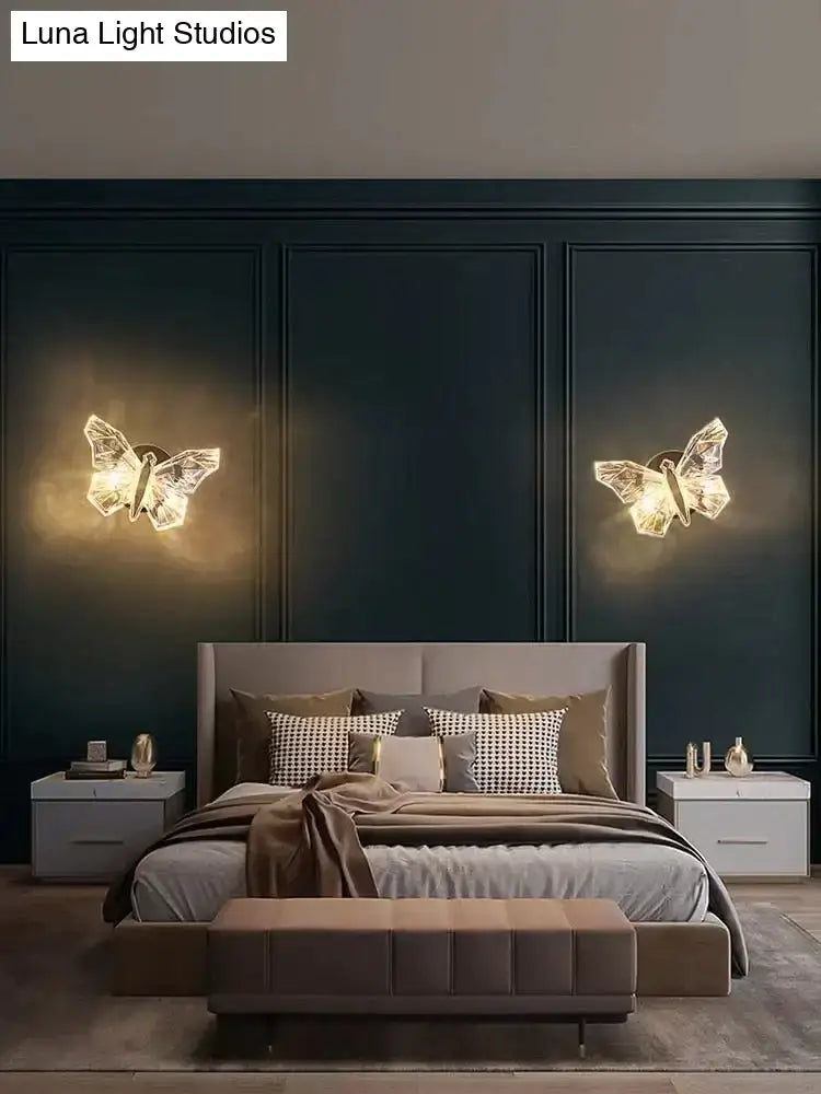 Gold Butterfly Nordic LED Wall Lamp Decorbites; 2 butterfly LED sconces on dark teal wall on Tampa Home & Garden Store