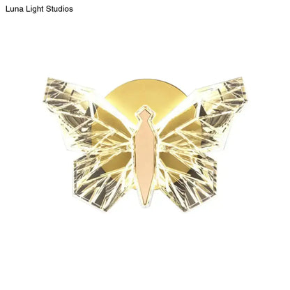 Gold butterfly Nordic LED wall lamp by Decorbites with crystal wing facets, wall mount on Tampa Home & Garden Store
