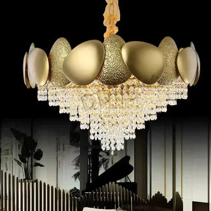 Luxury gold crystal LED chandelier with round discs and crystal tiers by Decorbites on Tampa Home & Garden Store