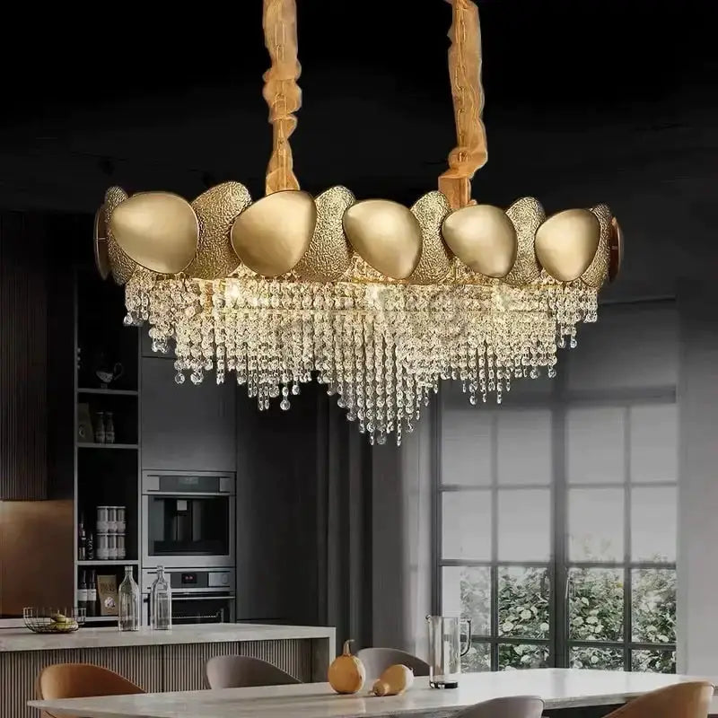 Luxury gold crystal LED chandelier for living room by Decorbites with cascading crystals on Tampa Home & Garden Store