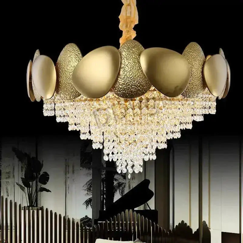 Luxury gold crystal LED living room chandelier by Decorbites with crystal strands on Tampa Home & Garden Store