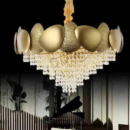 Luxury gold crystal LED living room chandelier by Decorbites with crystal strands on Tampa Home & Garden Store