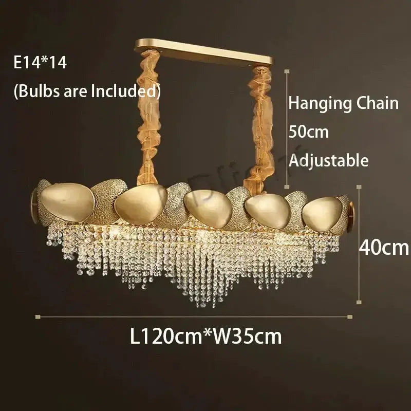 Gold crystal LED chandelier for living room with hanging crystals, E14 bulbs included, 120x35cm on Tampa Home & Garden Store