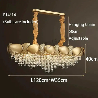 Gold crystal LED chandelier for living room with hanging crystals, E14 bulbs included, 120x35cm on Tampa Home & Garden Store