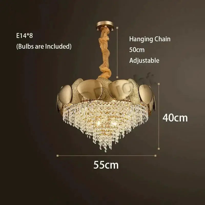 Luxury gold crystal LED chandelier by Decorbites, 55cm wide, 40cm high, E14 bulbs included on Tampa Home & Garden Store