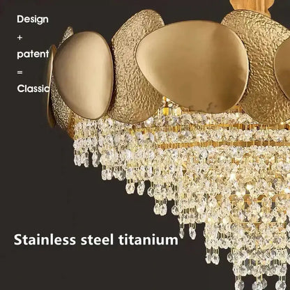 Luxury gold crystal LED ceiling chandelier with hanging crystal beads and gold discs on Tampa Home & Garden Store
